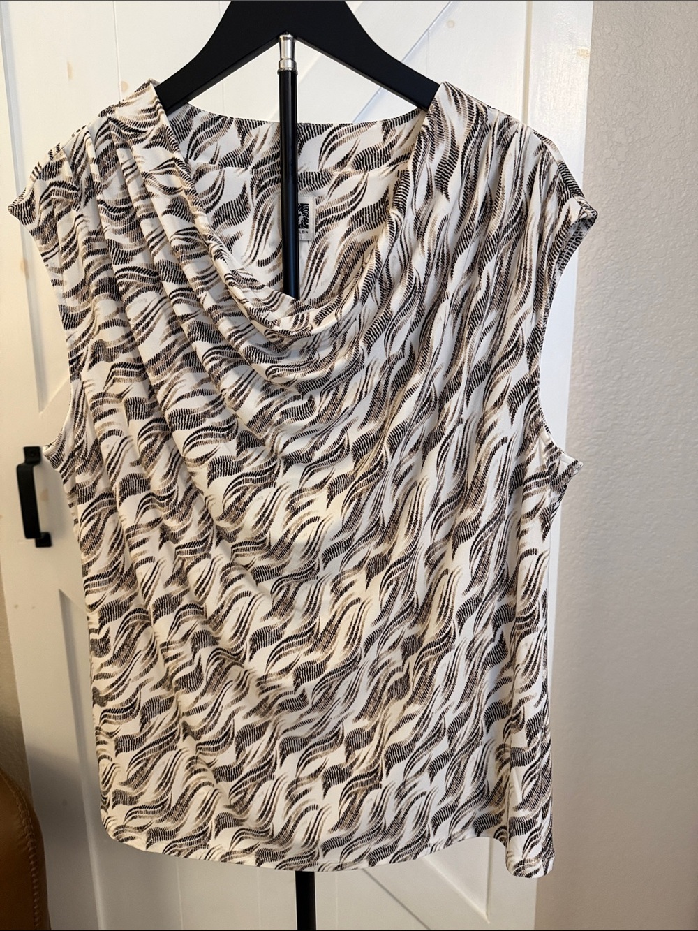 Anne Klein Cream and Brown Patterned Cowl Neck Blouse